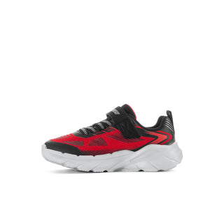 Kids athletic sneaker, side view: red patterned upper with black straps and white sole