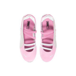 Kids' pink ballet shoes with white stripes, hook-and-loop strap, and cushioned insole