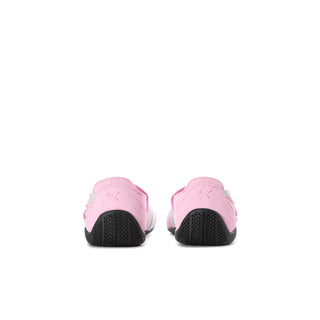 Kids' pink and white ballet shoes, heel view with black outsole and padded back