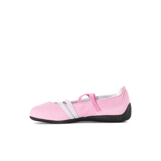 Kids' pink ballet shoes with elastic laces and hook-and-loop strap, side profile