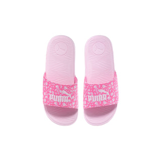 Youth slide sandals pair showing pink soles and Puma logo on straps.