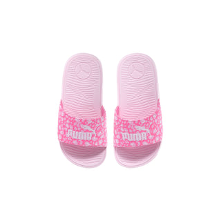Pair of kids pink slide sandals with molded footbed and PUMA logo branding