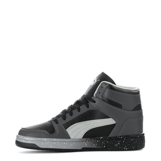 Youth high-top sneakers, side view with laces, dark grey panels and speckled midsole