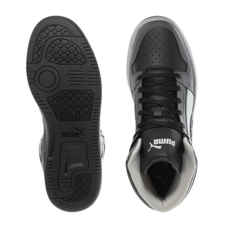 Youth high-top sneaker outsole and interior view, black tread and grey upper