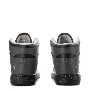 Youth high-top sneakers, heel view with dark grey leather and speckled outsole