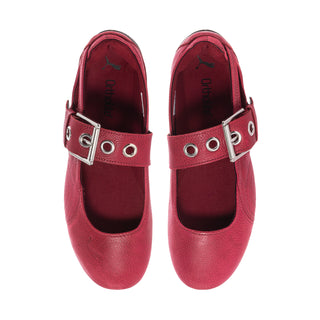 Red ballet flats with two-hole strap and silver buckles; open inner lining