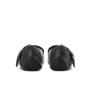 Black ballet flats with adjustable straps and cushioned heel back view