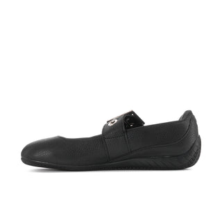 Black slip-on ballet flats with top strap and silver buckle detail