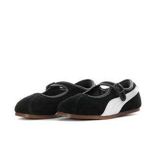 Women's black suede Mary Jane flats with white side panel and buckle strap