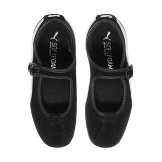 Women's black suede Mary Jane shoes with adjustable buckle strap and padded collar
