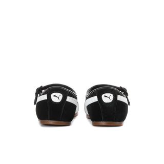 Women's black suede Mary Jane shoes with white heel stripe and small back tab