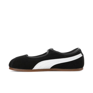 Women's black suede Mary Jane shoes with white diagonal stripe and gum sole