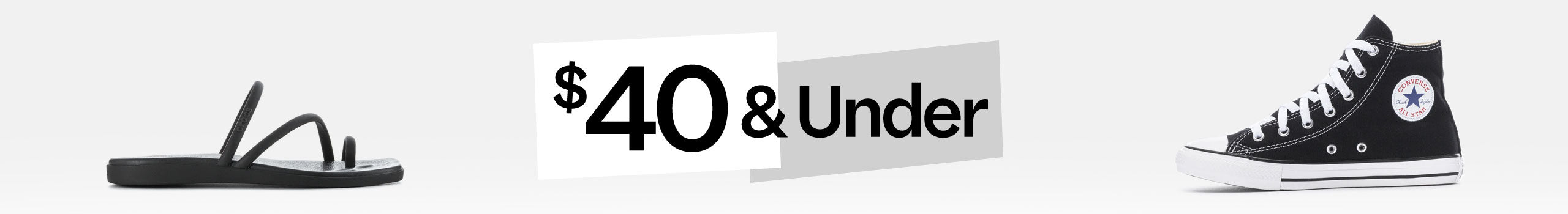 Promotional banner with sandals, a price tag, and a sneaker on a white background.