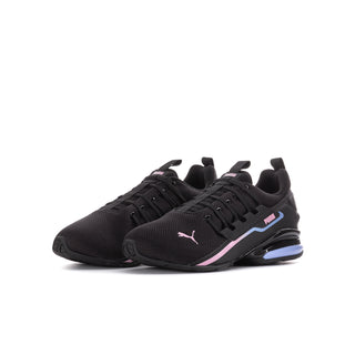 Youth black lace-up sneaker with pink side stripe, blue accent, and Puma branding