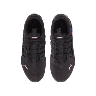 Pair of black knit sneakers with Puma logo on tongue and quarter panels