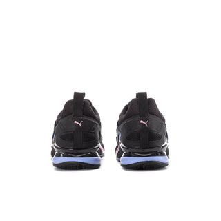 Heel view of black youth sneakers with Puma logo and blue-accent sole