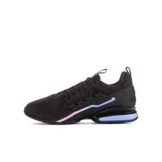 Youth black running sneaker with pink-and-blue side stripe and cushioned sole