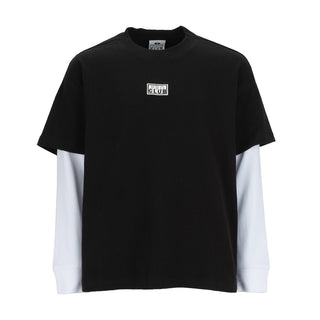 Youth 2-in-1 long sleeve tee with black short-sleeve top and white underlayer, front logo
