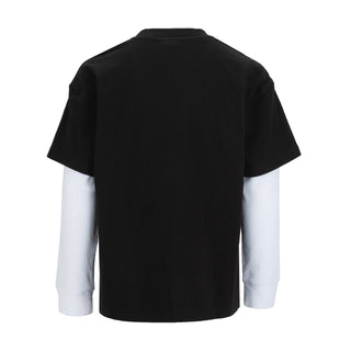Youth 2-in-1 long sleeve tee, back view: black short-sleeve top over white underlayer