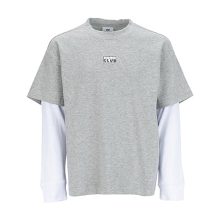 Youth 2-in-1 long sleeve tee, heather gray body with white long sleeves and chest logo