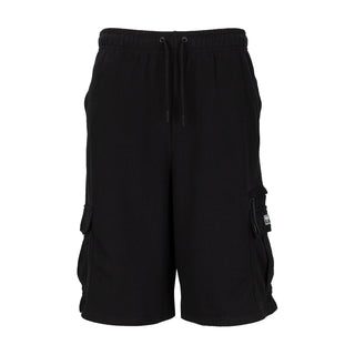 Black oversized cargo shorts with drawstring elastic waist and side utility pockets