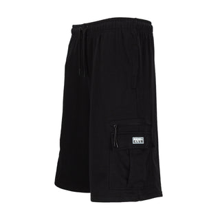 Black oversized cargo shorts, side cargo pocket and small logo patch on thigh