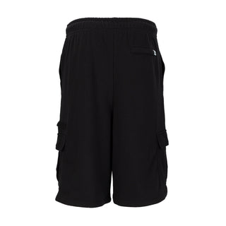 Black oversized cargo shorts with back patch pockets and elastic drawstring waist