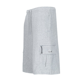 Heather grey french terry cargo shorts, back view, drawstring and flap pocket