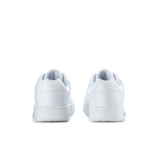 Men's white low-top sneakers back view with heel tab and cushioned collar