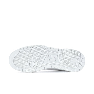 Men's white low-top sneaker outsole with traction tread and logo mark