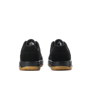 Men's black low-top sneakers with rear logo detail and gum outsole heel