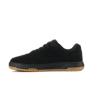 Men's black low-top sneakers with side panel details and gum rubber outsole