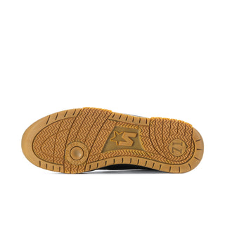 Men's black low-top sneakers with textured gum rubber outsole traction pattern