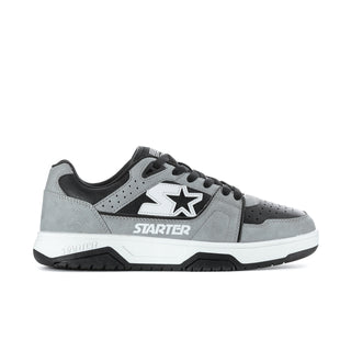 Men's grey and black low-top lace-up sneakers with star logo and white midsole