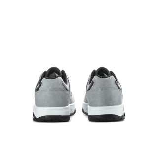 Men's grey low-top sneakers, rear view with black heel lining and white midsole