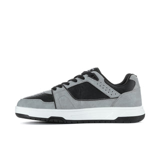Men's grey and black low-top sneakers with perforated toe, lace-up, and star patch
