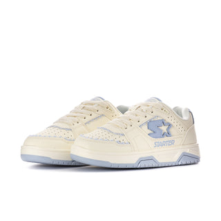 Women's low-top sneaker pair in off-white with light-blue overlays and lace-up
