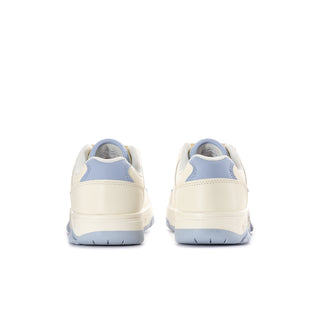 Women's low-top sneaker heel and rear view in off-white with blue heel tab