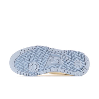Women's low-top sneaker outsole view with blue tread and star branding
