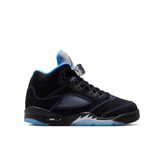 Youth Air Jordan 5 sneakers in black with blue accents and lace-up design