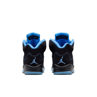 Air Jordan 5 youth sneakers, black heel tabs with blue collar lining and Jordan logo