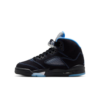 Air Jordan 5 youth sneakers, black upper with blue trim and lace-up front