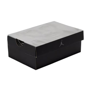 Black shoebox with gray lid and Air Jordan logo