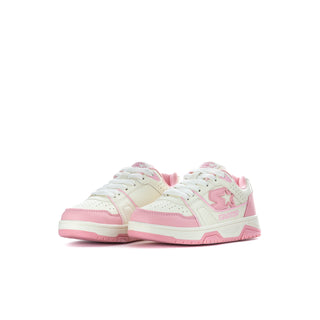 Pair of kids low-top sneakers in white and pink, side view, lace-up