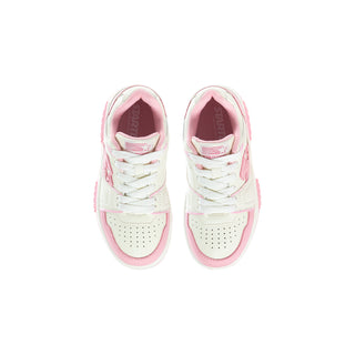 Kids low-top sneakers, front view; white uppers with pink accents and laces