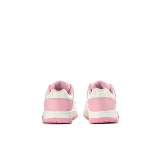 Kids low-top sneakers, back view; white and pink heel panels