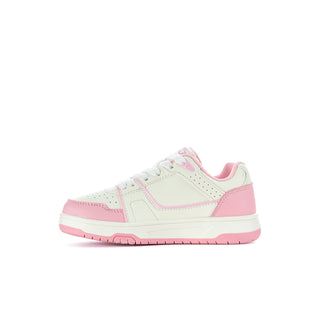 Kids low-top sneakers, white leather-look with pink trim and star detail