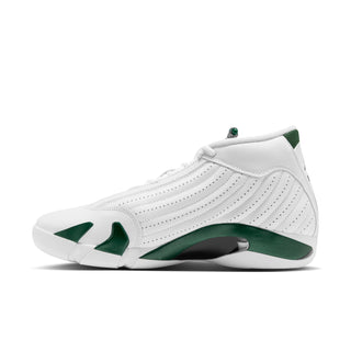 White lace-up sneaker with green side panels and black midsole insert