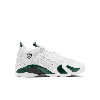 Youth high-top sneaker in white with green accents and black sole
