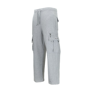 Men's grey heather cargo pants with drawstring, side flap pockets, and utility pocket